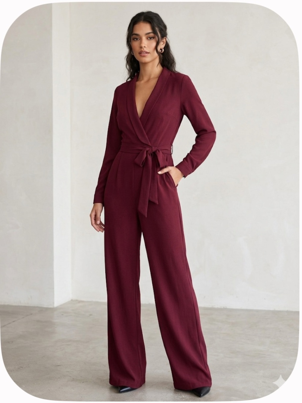 Tailored Wine-Red Wrap Jumpsuit with Self-Tie Waistline NWOT SIZE L